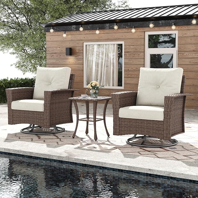 3 Pieces Outdoor Patio Furniture Set, Wicker Patio Sectional Set Conversation Wicker Swivel Chairs with Small Side Table