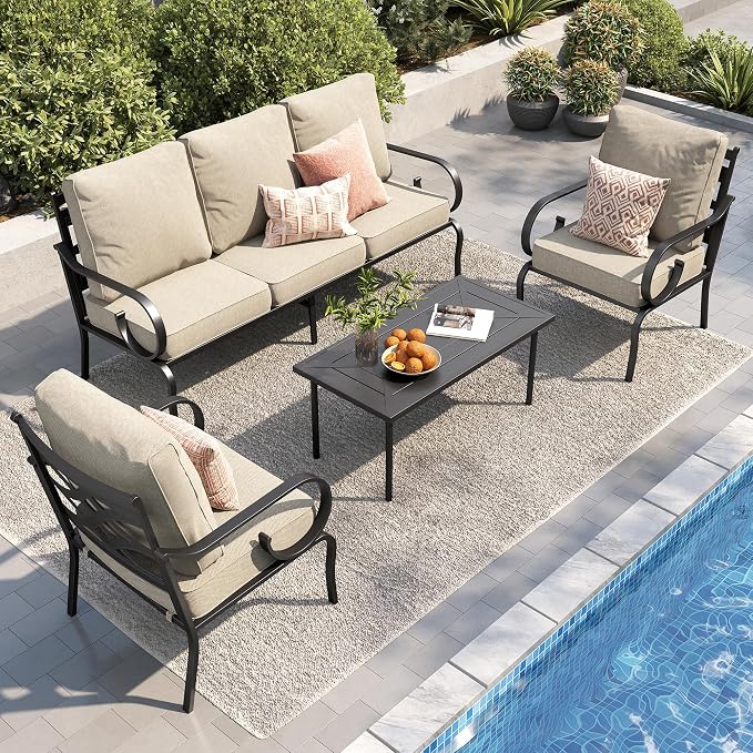 PHI VILLA Patio Furniture Set, 3-Seater Sofa, 2 Fixed Chairs and a Coffee Table, Outdoor Metal Conversation Set with 5.75" Extra Thick Cushion for Garden Backyard Deck, Beige