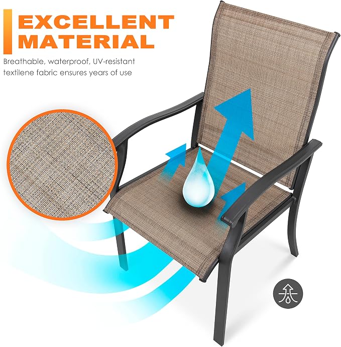 NUU GARDEN 7 Pieces Patio Dining Set, All-Weather Outdoor Furniture with 6 Dining Chairs and 1 Rectangle Steel Dining Table with Umbrella Hole for Patio Deck Garden, Black and Brown