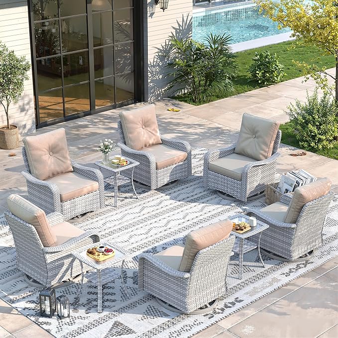 9 Piece Wicker Patio Furniture Set, Swivel Rocking Chairs with 4''Cushions, PE Rattan, Rust Resistant Frame, Double Layer Glass Side Table, for Backyard, Deck or Balcony, Beige