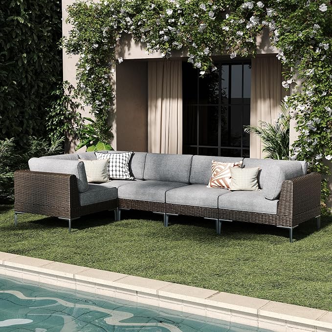 LayinSun 5-Piece Wicker Rattan Patio Furniture Set, Deep Seating Outdoor Modular Sectional Sofa Conversation Set with Thick Cushions for Lawn, Garden