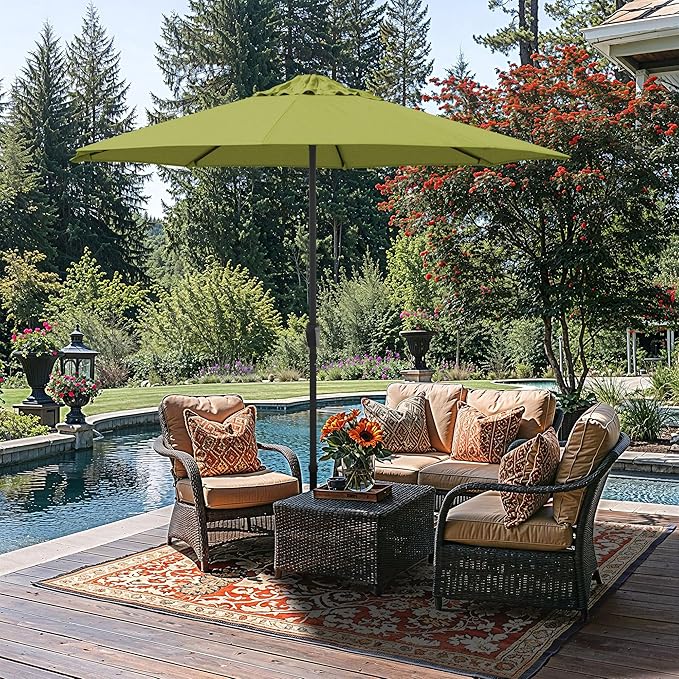 California Umbrella 8-Year Protection 9 Ft Outdoor Patio Umbrella, Solstice Fade-Resistant Fabric, Auto-Tilt, Heavy Duty Aluminum Frame, 8 Reinforced Ribs for Pool or Deck, Black Pole, Kiwi