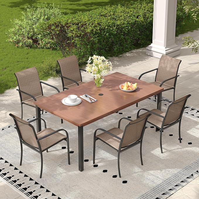 Patio Table and Chairs Set for 6, Outdoor Dining Set with 6 Stackable Dining Chairs and 63"x 37.8" Metal Steel Rectangle Dining Table for Backyard, Deck, Lawn, Garden, Brown & Walnut