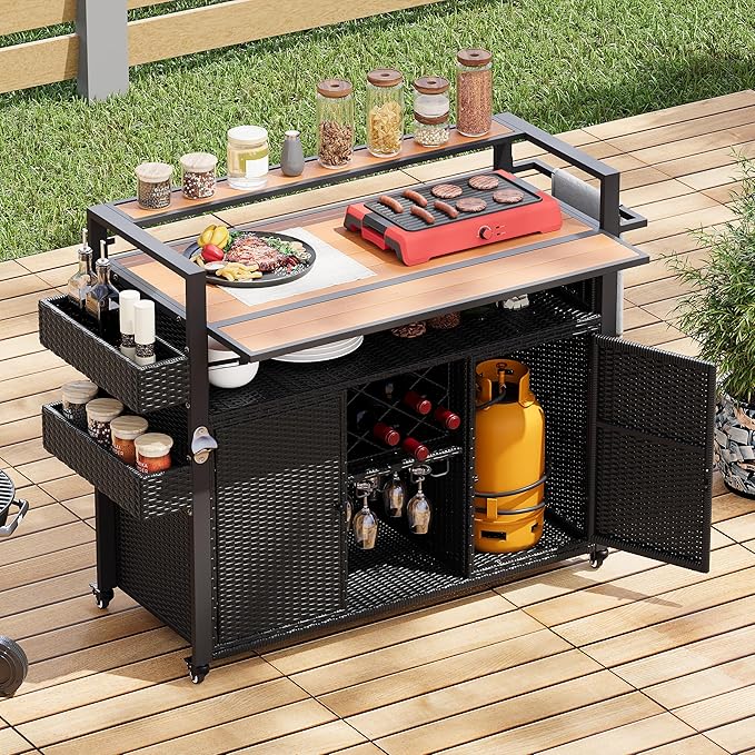 Merax Outdoor Bar Table & Storage Cabinet, Wheels and Drop Leaf Table Top, Patio Bar Table with Raised Shelf for Patio Kitchen or Bar Cart, Black Brown