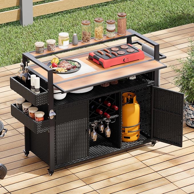 RUNNA Wicker Outdoor Grill Cart with Extended Plastic Wood Table Top, Rolling Kitchen Island on Wheels with Storage Cabinet, for Patio Backyard Garden Poolside, Double Handle Design (Black Brown@047)