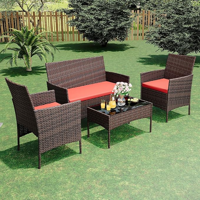 IDEALHOUSE Patio Furniture Set, 4-Piece PE Rattan Wicker Patio Set with Cushions and Glass Table, Outdoor for Porch, Garden, Balcony, Modern Outdoor Patio Furniture Set, Brown & Red