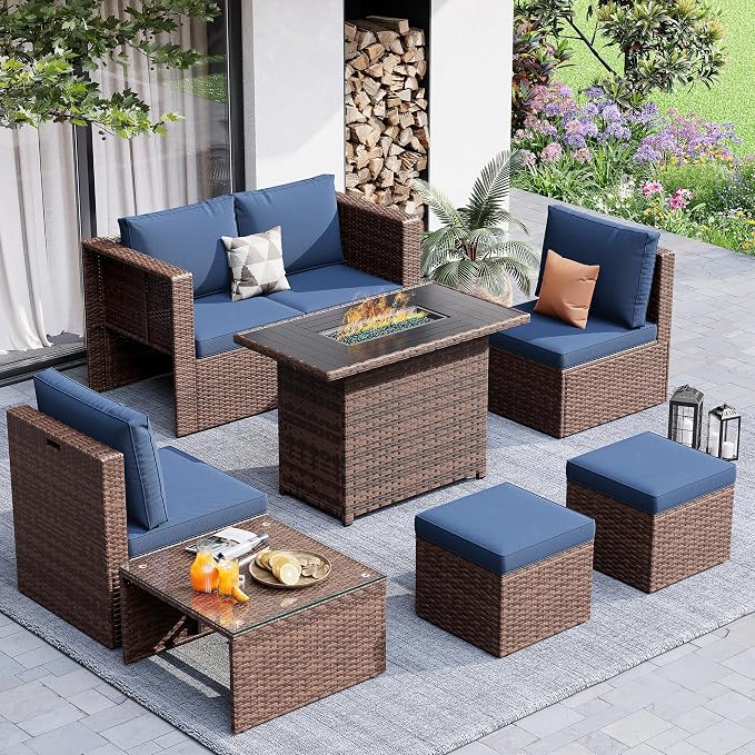 Amopatio Patio Furniture Set with Fire Pit Table, All-Weather Wicker Outdoor Conversation Sofa Set with Glass Coffee Table, Cushions & Ottomans for Deck Backyard Porch Lawn Blue
