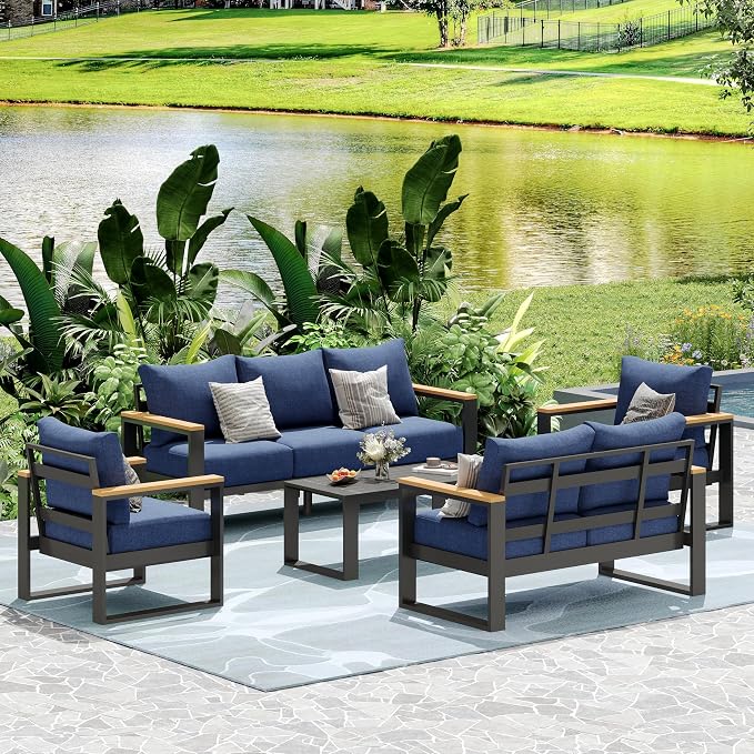 Aluminum Patio Furniture Set, 5 Piece Metal Outdoor Furniture Set with 6″ Thick Washable Cushions & Coffee Table, All Weather Patio Conversation Sets for Yard, Poolside, Garden (Navy Blue)