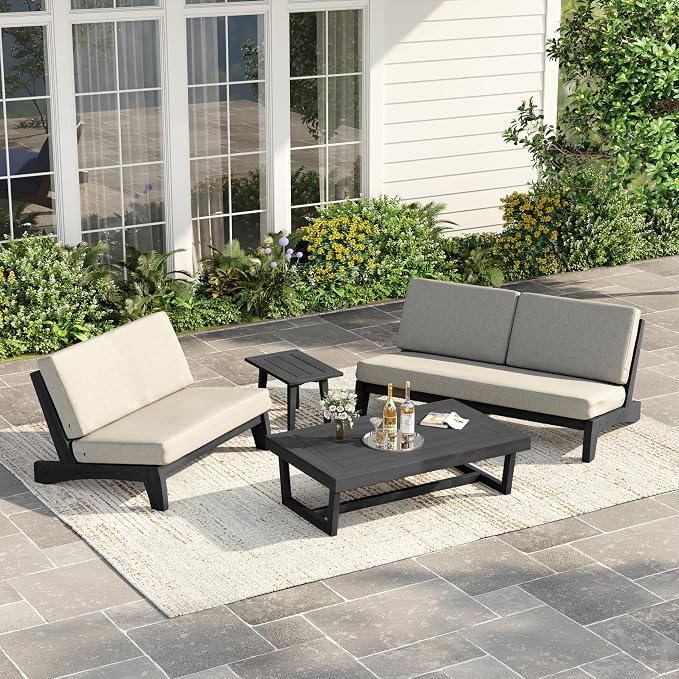 3 Piece Teak Outdoor Patio Frutnire Set, 5 Seater Patio Conversation Sets with Thick Cushions, Outdoor Sectional Furniture with Coffee Table - Light Camel