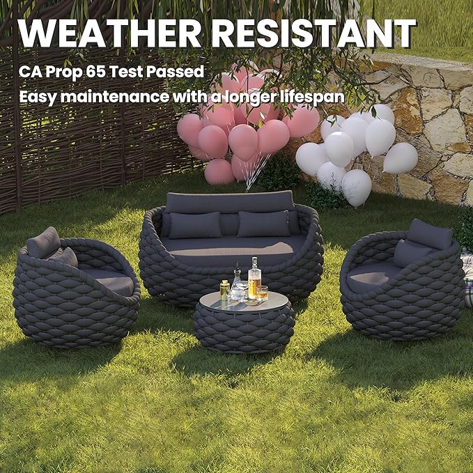 Aluminum Patio Furniture Set of 4: Woven Rope Outdoor Conversation Sofa Set Assembled - Modern Cushioned Armchair Couch Set for 660lbs Porch Deck Backyard Poolside Drawing Room Hotel, Dark Gray