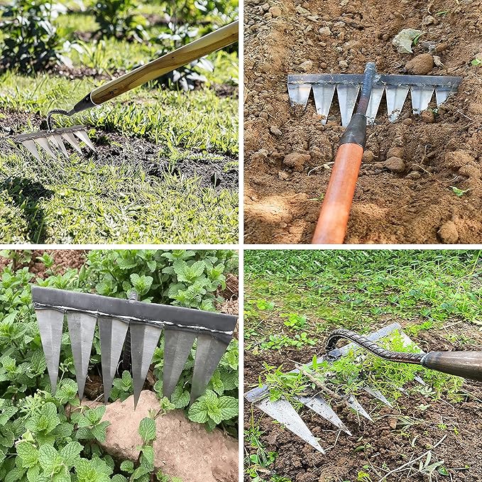 Garden Rake, Gardening Tools Heavy Duty Rake with 7 Metal Tines,Sharp Durable Garden Weeding Tools, All Steel Hardened Hoe Garden Hand Rake Tools for Backyard Lawn Loosening Planting Weeding (7 Tines)