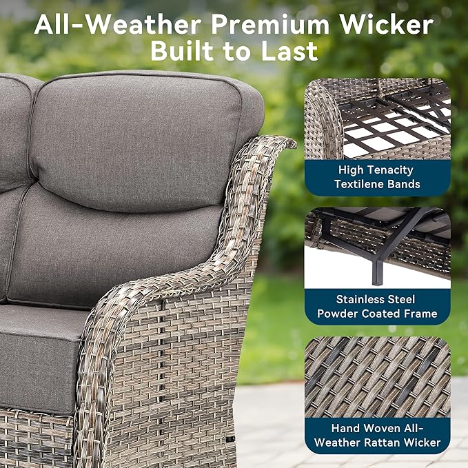 Luxury 4 Pieces Patio Furniture Set-Outdoor Swivel Rocker Patio Chairs with 6" Extra Thick Cushions, High Back Outdoor Couch and Coffee Table, Wicker Conversation Sets for Porch Deck(Grey/Grey)