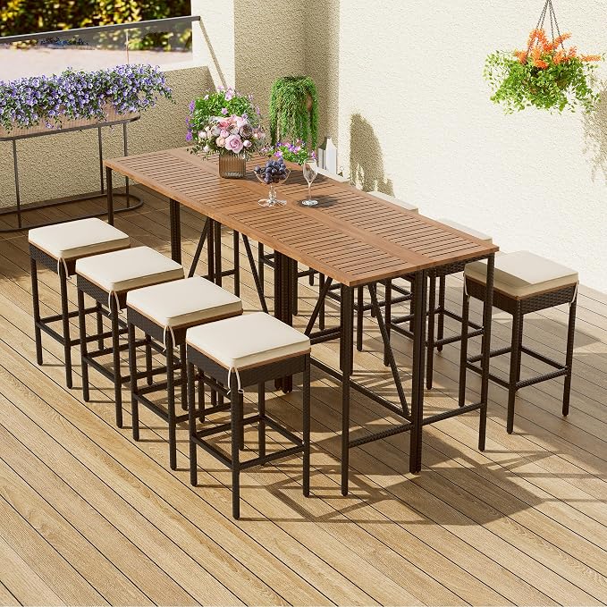 WILLIAMSPACE Patio Bar Table Set of 10, Outdoor Wood Height Bar Table & 8 Bar Stools with Cushions, PE Rattan Wicke Bar Table with Foldable Tabletop, Bistro Set for Backyards Porches (Brown)