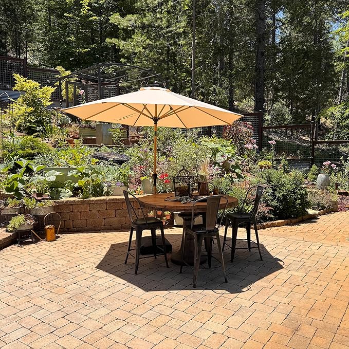 PURPLE LEAF 9 Feet Patio Umbrella with Base Market Umbrella Round Outdoor Umbrella with Push Button Tilt & Crank and 8 Ribs Aluminum Outdoor Table Umbrella for Garden Deck Balcony, Beige