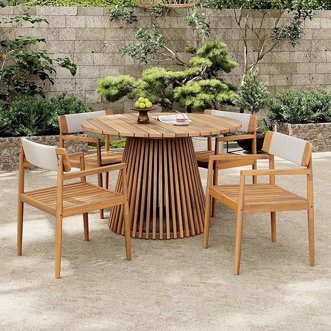 Merax 5 Pieces Patio Dining Sets for 4 People, Outdoor Acacia Wood Furniture Sets, 47.25" Large Round Table & Slatted Dining Chairs for Garden Patio Deck, Teak Look & White Rope