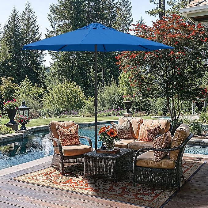 California Umbrella 8-Year Protection 9 Ft Outdoor Patio Umbrella, Solstice Fade-Resistant Fabric, Auto-Tilt, Heavy Duty Aluminum Frame, 8 Reinforced Ribs for Pool or Deck, Black Pole, Royal Blue