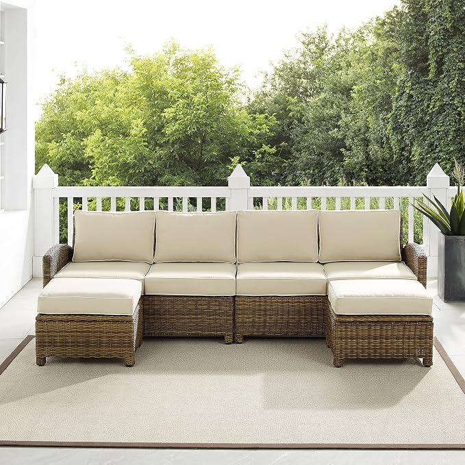 Crosley Furniture Bradenton 4-Piece Outdoor Sectional Sofa Wicker Conversation Patio Furniture Set for Deck, Brown with Sand Cushions