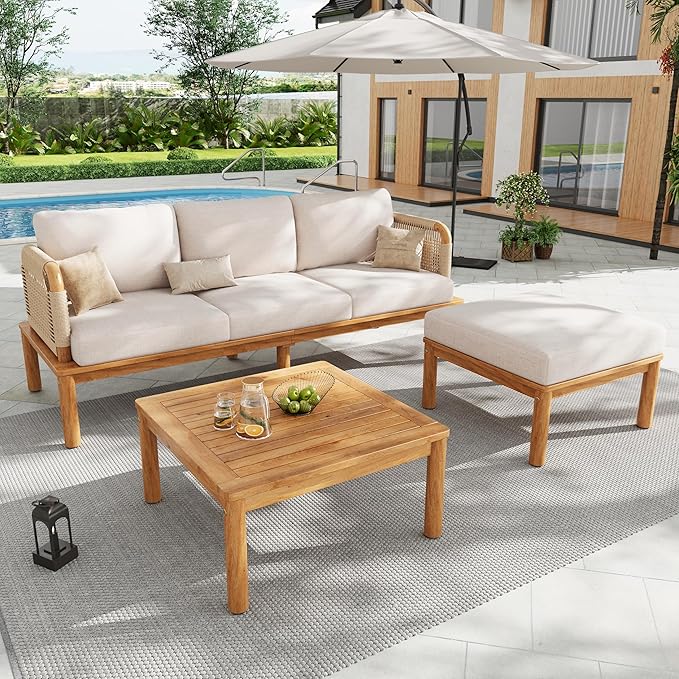 Christopher Knight Home Coby 3-Piece Acacia Wood Patio Furniture Set, Outdoor Conversation Sofa Set with Coffee Table and Ottoman, Patio Sectional Chat Set for Backyard or Balcony, Teak+Beige