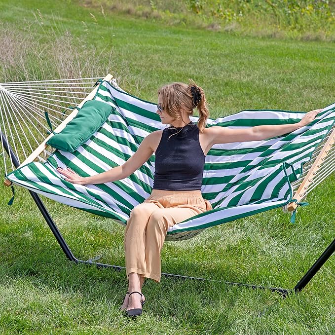 Sunnydaze Rope Hammock with Stand for Outside- 275-Pound Capacity - Includes 12-Foot Hammock Stand, Spreader Bar, Pad, and Pillow - Green & White Stripe