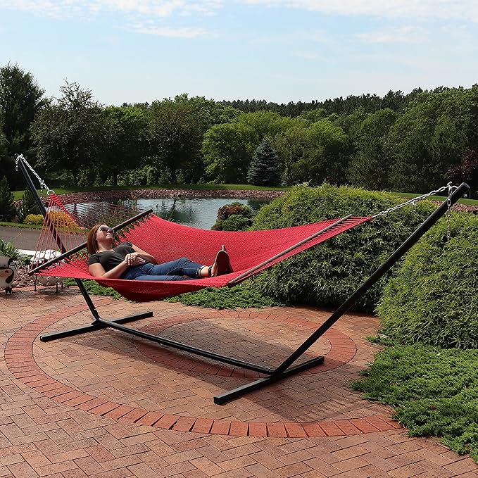 Sunnydaze Polyester Rope Double Hammock with 15-Foot Steel Stand - 400-Pound Capacity - Red