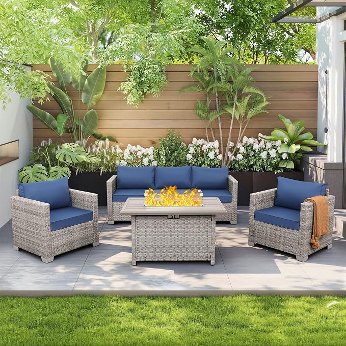 WAROOM Patio Furniture Set 4 Piece Outdoor Wicker Conversation Sets PE Rattan Couch Sectional Sofa with Fire Pit Table, Navy Blue Cushion