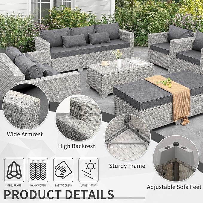 WAROOM Patio Furniture Set 7 Piece Grey Wicker Outdoor Conversation Sets PE Rattan Sectional Sofa with Storage Coffee Table and Anti-Slip Grey Cushion
