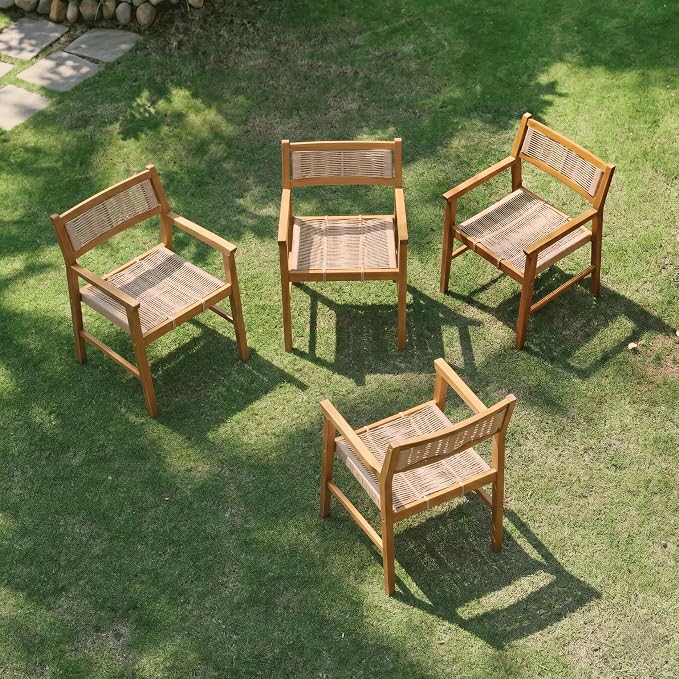 NTC Terra 4 Pieces Solid Wood Armchairs with Handwoven Rope Seat & Back, Indoor & Outdoor Dining Chairs for Patio Dining Sets, Modern Patio Chairs with Arms, Easy Assembly, Natural