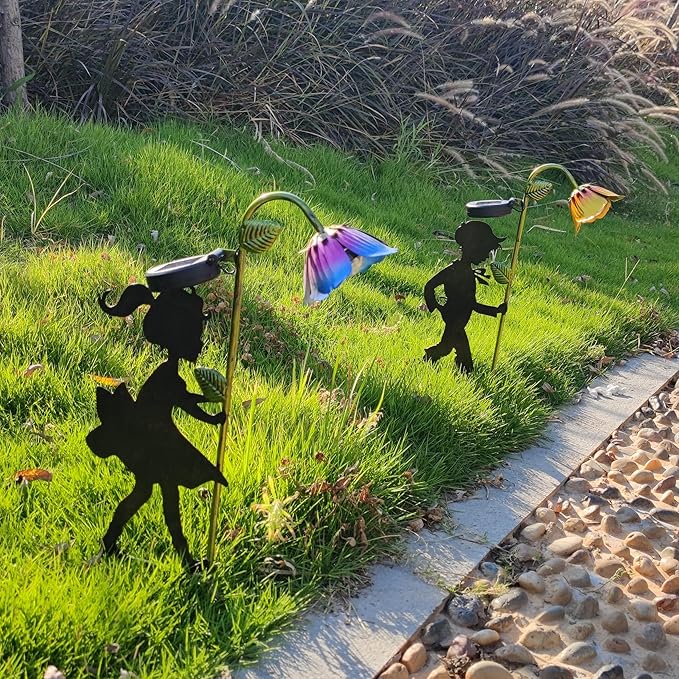Solar Garden Lights 2 Pack, Boy Girl Silhouettes LED Landscape Lights, Metal Outdoor Decorative for Garden, Landscape, Path, Yard, Patio, Driveway