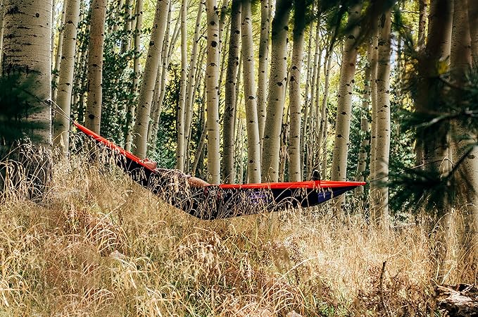 Hammock Bliss Single - Camping Hammock - Camping Essentials, Portable Hammock - The Longest Single Hammock On Earth for Outside, Hiking, and Travel (Navy/Red)
