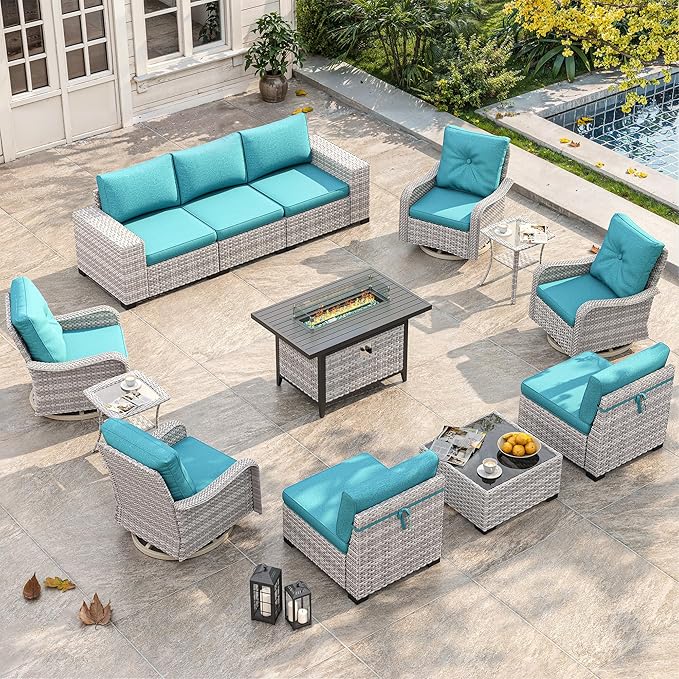 13 Piece Outdoor Wicker Rattan Sectional Sofa Set with Swivel Chairs & Fire Pit Table, 9-Seats with 4" Thickened Cushions & Coffee Table, All-Weather PE Rattan for Garden, Backyard, Porch, Turquoise
