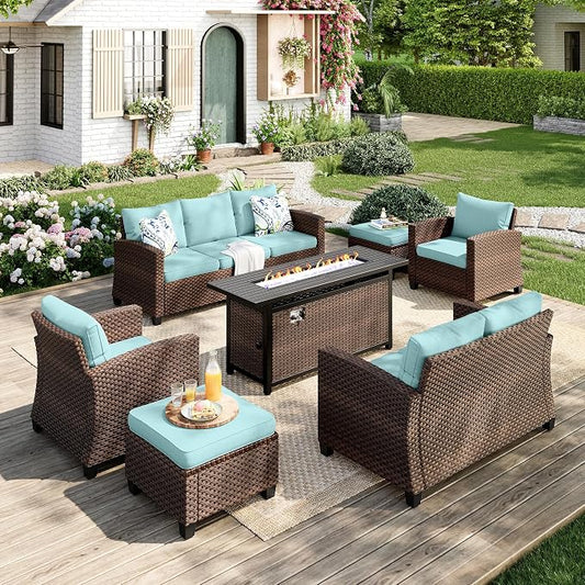 MIXPATIO Patio Furniture Set, 7 Pcs Wicker Rattan Outdoor Conversation Set, 2 x Leg Chairs, 1 x 3 Seater Sofa, 1 x 2-Seat Lover Sofa and 2 x Ottomans with 4" Thick Cushion and 56" Fire Pit Table, Blue