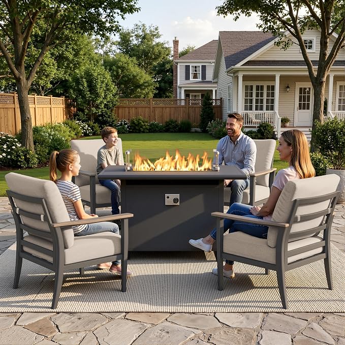Aluminum Outdoor Patio Furniture Set with Swivel Rocking Chairs 5-Piece, Patio Sectional Sofa Patio Conversation Set with 55,000 BTU Fire Pit Table High Backrest & Thickened Cushions, Sand