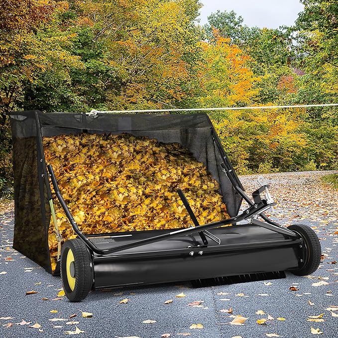 Tow Behind Lawn Sweeper 44" Wide, 26 Cu.Ft Large Hopper Yard Sweeper, Pull Behind Leaf Collector with Adjustable Sweeping Height, Universal Fit for Lawn Tractor & Debris Cleanup