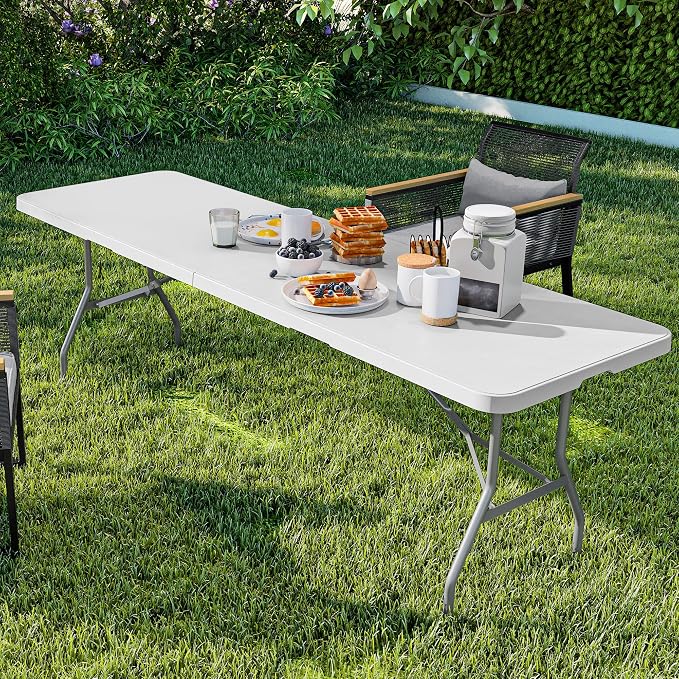 YITAHOME 8FT Folding Tables, Heavy Duty Folding Table with Carrying Handle, Plastic Fold up Table for Outdoor Camping Picnic Parties/Indoor Events, White
