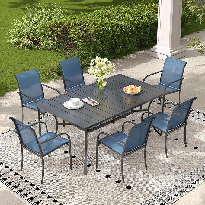 7 Pieces Outdoor Dining Set, Stackable Textilene Paito Chairs & 59.2" Rectangle Dining Table with Umbrella Hole and Shelf, Patio Dining Set for Backyard, Deck, Garden, Dark Blue & Black