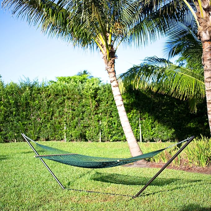 Bliss Hammocks BH-410GR 60in Wide Cotton Rope Hammock, Indoor Outdoor Poolside Patio Backyard Hammock, Includes Chains & Hooks, Eco Friendly Polyester, Hardwood Spreader, 450 Pound Capacity, Green