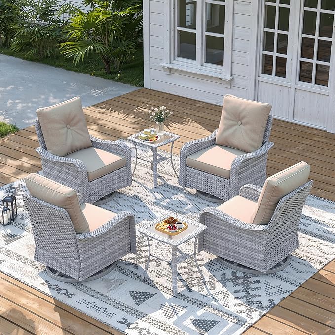 6 Piece Wicker Patio Furniture Set, Swivel Rocking Chairs with 4''Cushions, PE Rattan, Rust Resistant Frame, Double Layer Glass Side Table, for Backyard, Deck or Balcony, Beige
