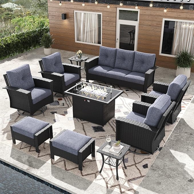 10 Pieces Outdoor Patio Furniture Set with Fire Pit Table, Wicker Patio Sectional Set Conversation Wicker Swivel Chairs with Small Side Table