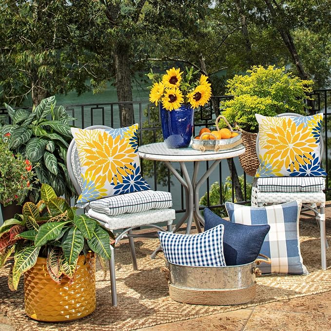 DFXSZ Outdoor Waterproof Pillow Covers 18x18 Set of 2 Yellow Blue Flower | Spring Summer Waterproof Flower Throw Pillowcases（No Inserts）Outdoor Decor for Patio Funiture Garden Polyester Covers
