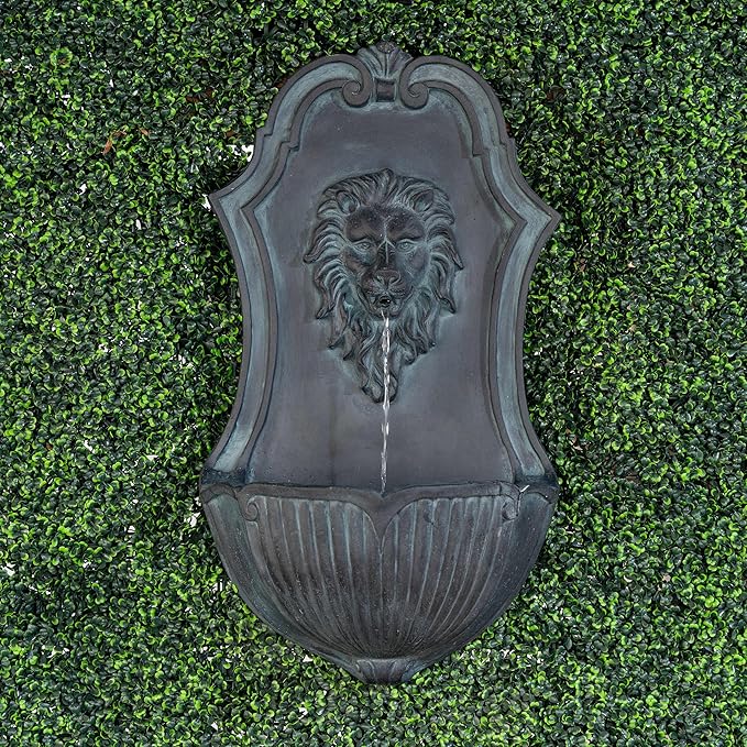 XBrand 29.9" Solar-Powered Wall-Mounted Lion Head Fountain, Resin, Outdoor, Gray