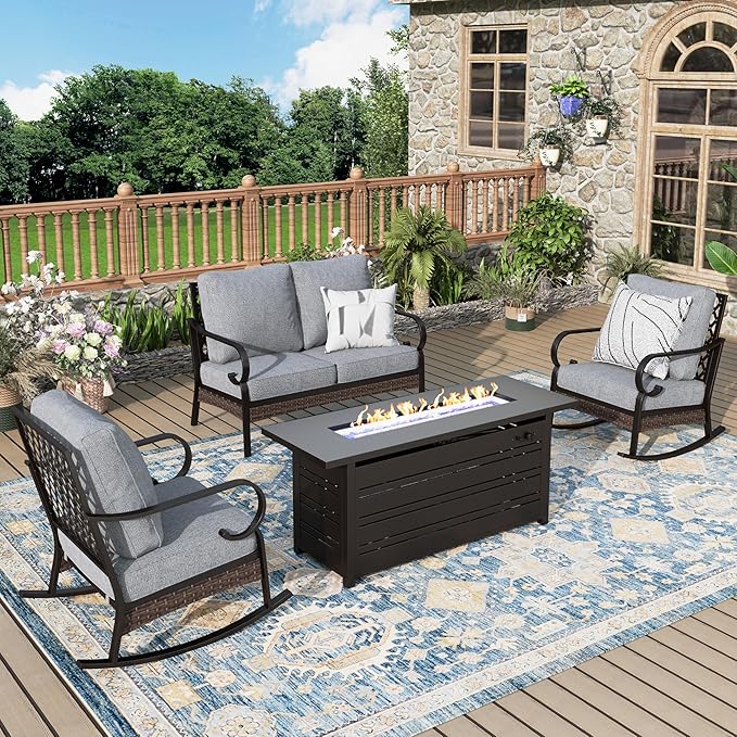 Patio Furniture Set with Fire Pit Table, 4 PCS Metal Outdoor Conversation Set with 5.75'' Extra Thick Cushion, 2 Rocking Chairs, Loveseat Sofa and Gas Fire Pit Table, Grey