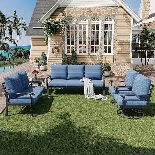 HOMREST Outdoor Furniture Thickened Cushion 360 Degree Swivel Rocking Patio Chairs and 3-Seat Sofa, Loveseat, Coffee Table, 5 PCS Metal Conversation Set for Garden, Deck and Poolside