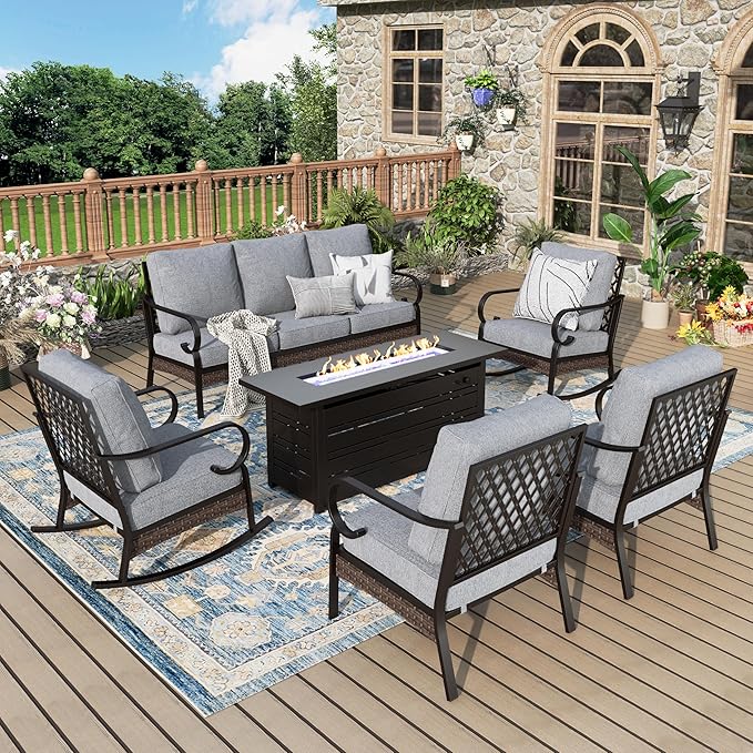 Patio Furniture Set with Fire Pit Table, Metal Outdoor Conversation Set with 2 Fixed Chairs, 2 Rocking Chairs, 3-Seat Sofa and Gas Fire Pit Table for Lawn Garden Backyard, Grey