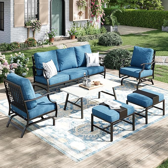 Patio Furniture Set 6 pcs, Outdoor Patio Furniture, 3-Seat Sofa, 2 Rocking Chairs, 2 Ottomans, Coffee Table and 5.75" Extra Thick Cushion, Conversation Set for Backyard Deck, Gemstone Blue