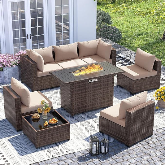 UDPATIO Furniture Set with Fire Pit Table, 8 Piece Sectional Sofas, All-Weather Wicker Conversation for Garden, Backyard, Khaki