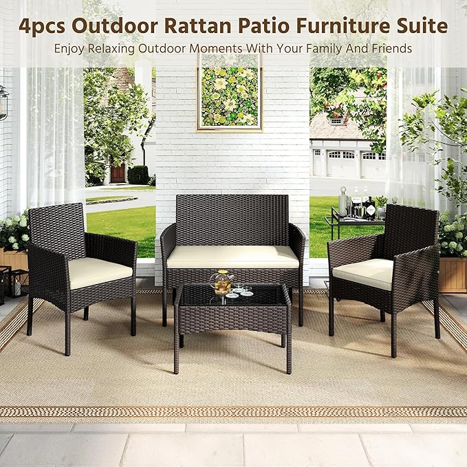 Yaheetech Patio Furniture Set 4 Pieces Conversation Sets, Rattan Chair Wicker Set Loveseat with Soft Cushion and Glass Table for Backyard Porch Garden Poolside Balcony, Brown and Beige