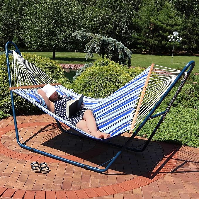Sunnydaze Double Quilted Fabric Hammock with Universal Steel Stand - 450-Pound Capacity - Blue Stand - Catalina Beach