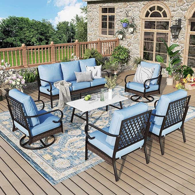 Patio Furniture Set with Coffee Table, Outdoor Conversation Set with 2 x Fixed Chairs, 2 x Swivel Chairs, 1 x 3-Seat Sofa for Lawn Garden Backyard, Blue