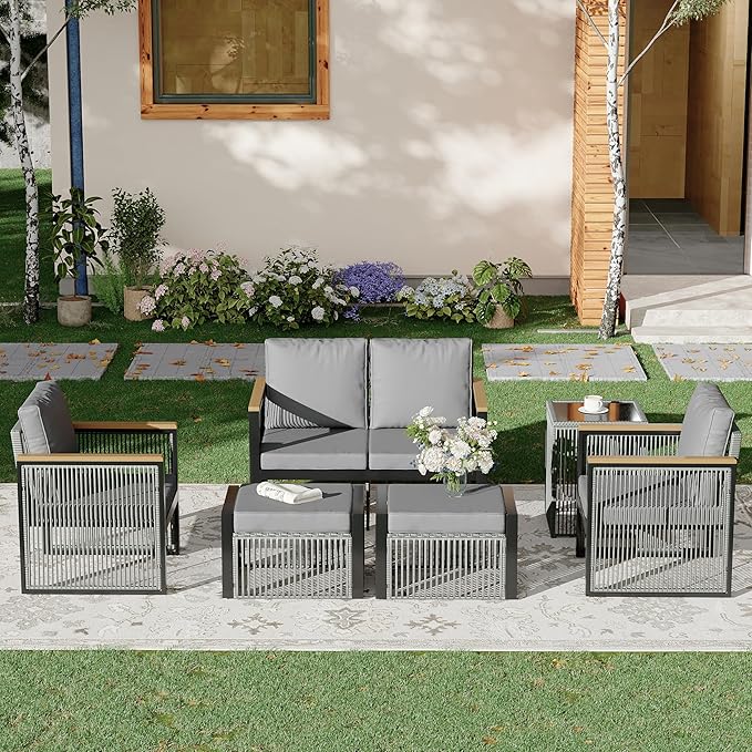 HOMREST Outdoor Patio Furniture Set with Ottomans, 6 Piece Patio Conversation Sets with Coffee Table,2 Ottoman,Coffee Table,Love Seat for Porch, Balcony, Deck, Yard(Grey)