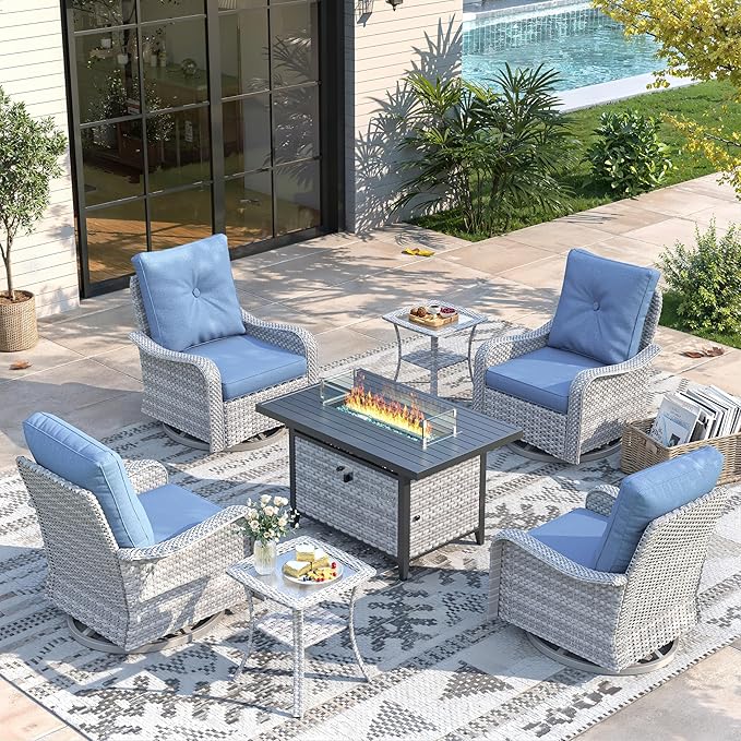 7 Piece Wicker Patio Furniture Set with 55,000 BTU Fire Pit Table, Swivel Rocking Chairs, 4''Cushions, PE Rattan, Wind Guard Glass, for Backyard, Deck or Balcony, Navy